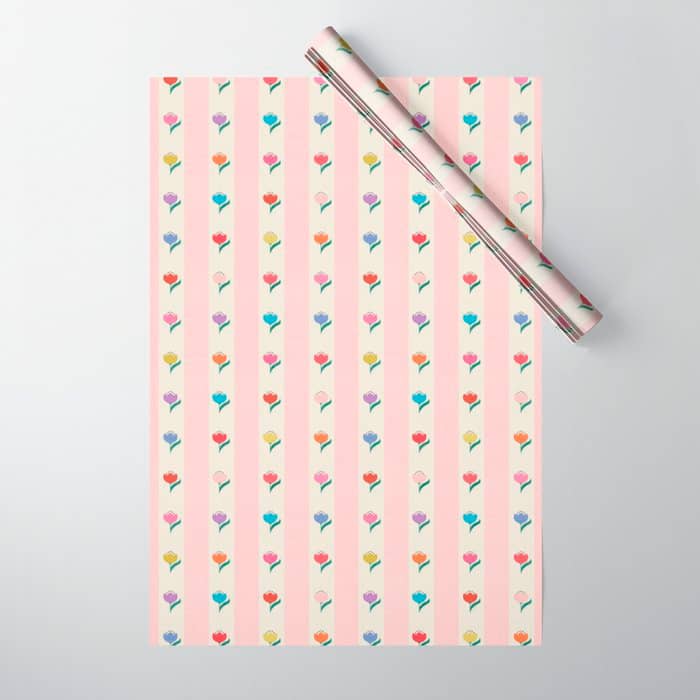 Cheery Tulips On Pink And Cream Vertical Stripes Wrapping Paper