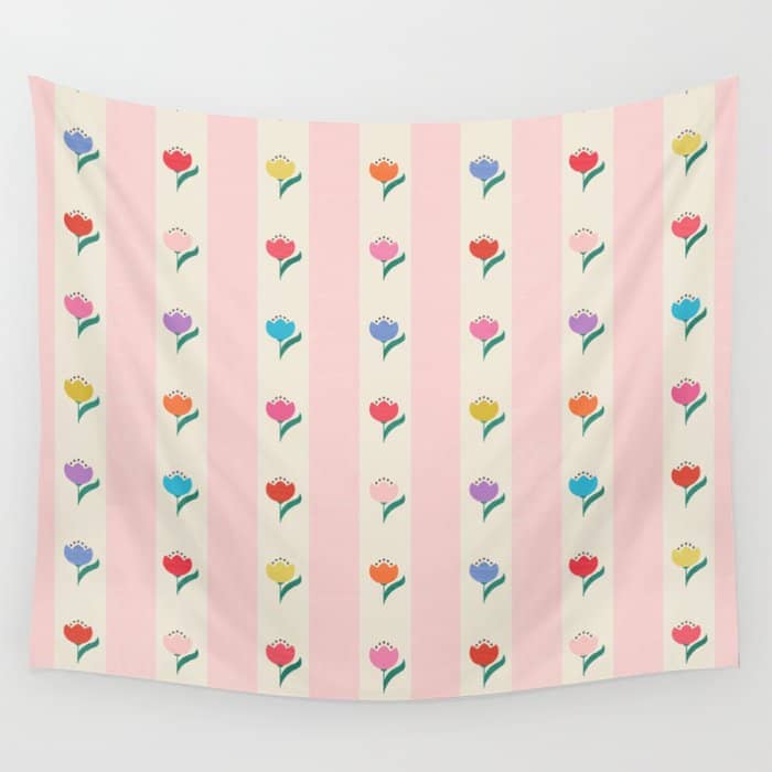 Cheery Tulips On Pink And Cream Vertical Stripes Wall Tapestry
