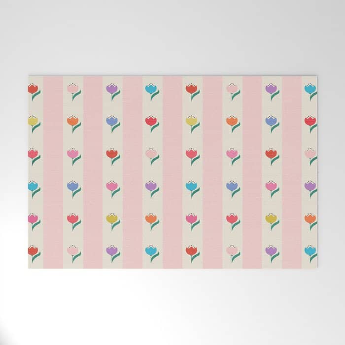 Cheery Tulips On Pink And Cream Vertical Stripes Welcome Mat
