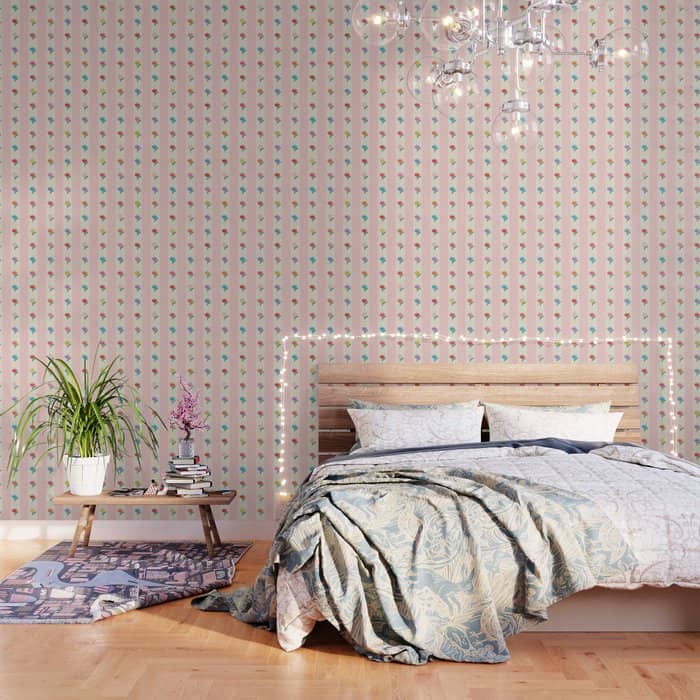 Cheery Tulips On Pink And Cream Vertical Stripes Wallpaper