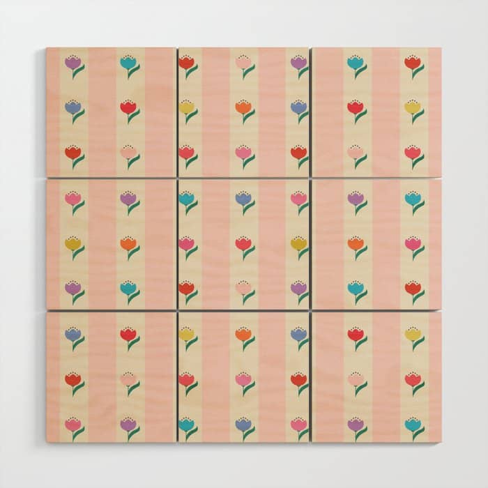 Cheery Tulips On Pink And Cream Vertical Stripes Wood Wall Art
