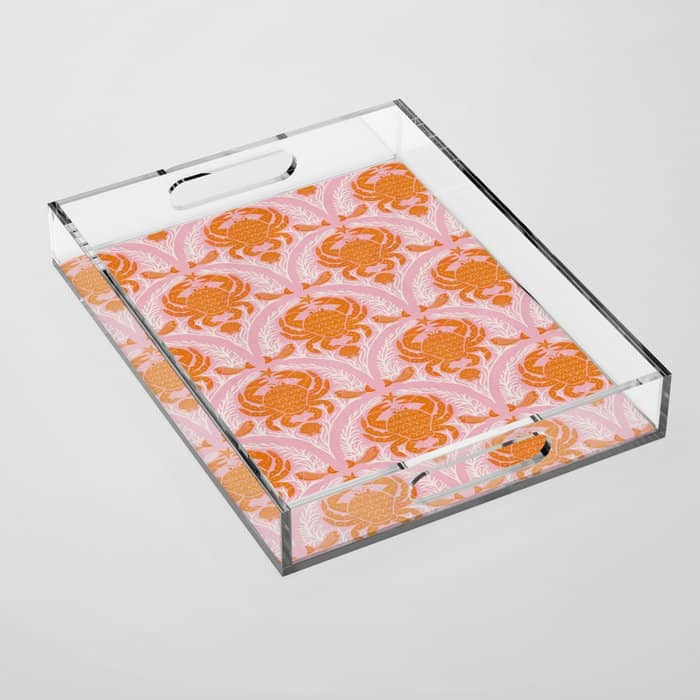 Orange Crab On Pink Pattern Acrylic Tray