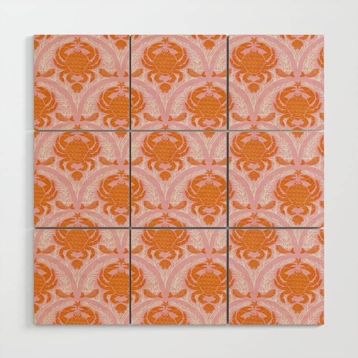 Orange Crab On Pink Pattern Wood Wall Art