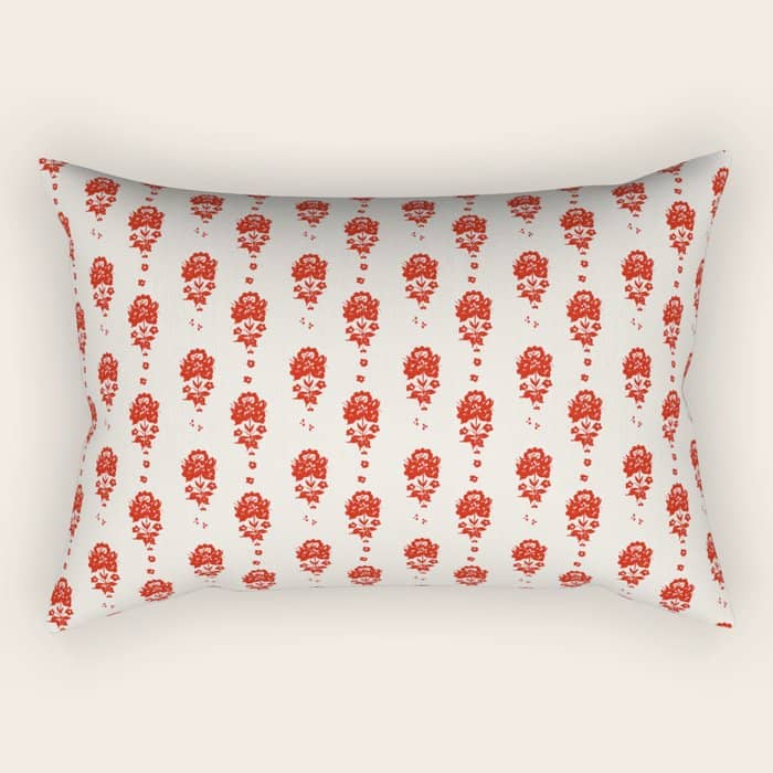 Red Floral Block Print Rectangular Pillow