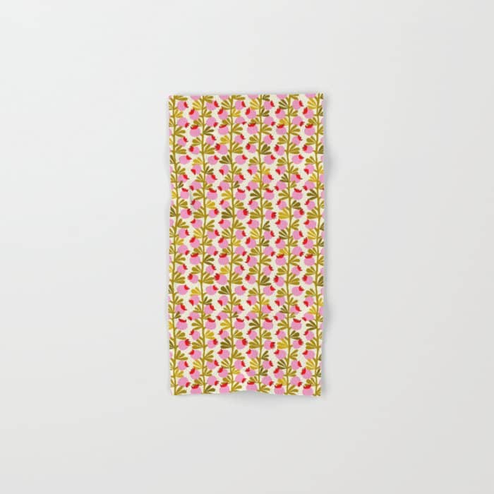 Minimal Nordic Flower Pink With Green Bath Towel