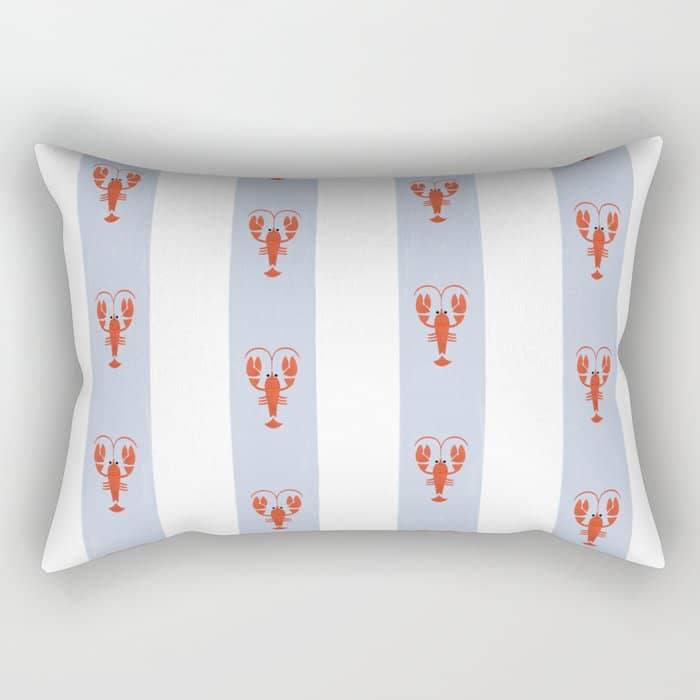 Red Lobsters On Hand-Painted Blue Stripes Rectangular Pillow
