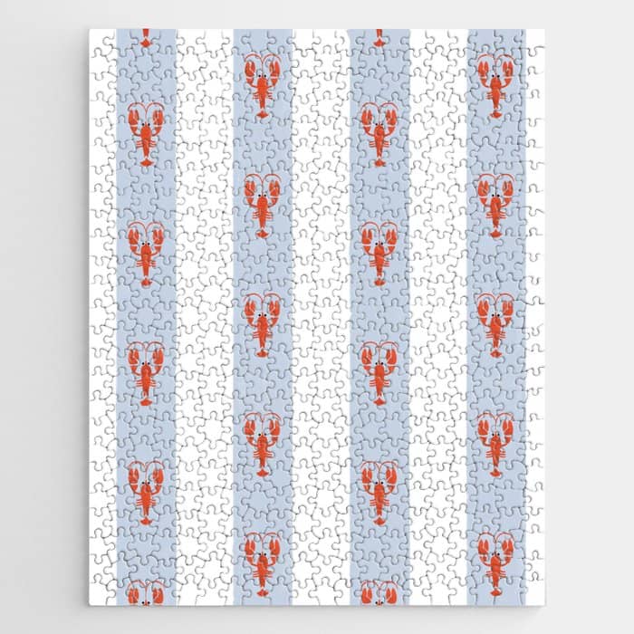 Red Lobsters On Hand-Painted Blue Stripes Jigsaw Puzzle