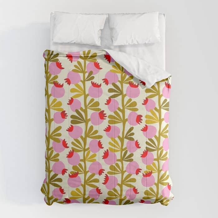 Minimal Nordic Flower Pink With Green Comforter