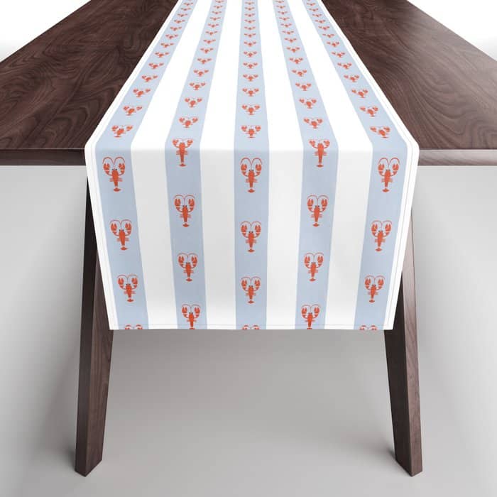 Red Lobsters On Hand-Painted Blue Stripes Table Runner
