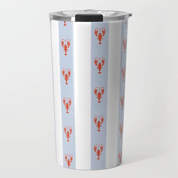 Red Lobsters On Hand-Painted Blue Stripes Travel Mug