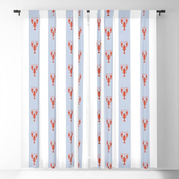 Red Lobsters On Hand-Painted Blue Stripes Window Curtain