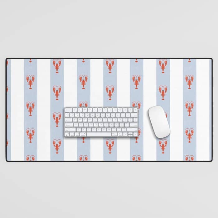 Red Lobsters On Hand-Painted Blue Stripes Desk Mat