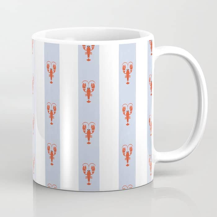 Red Lobsters On Hand-Painted Blue Stripes Coffee Mug