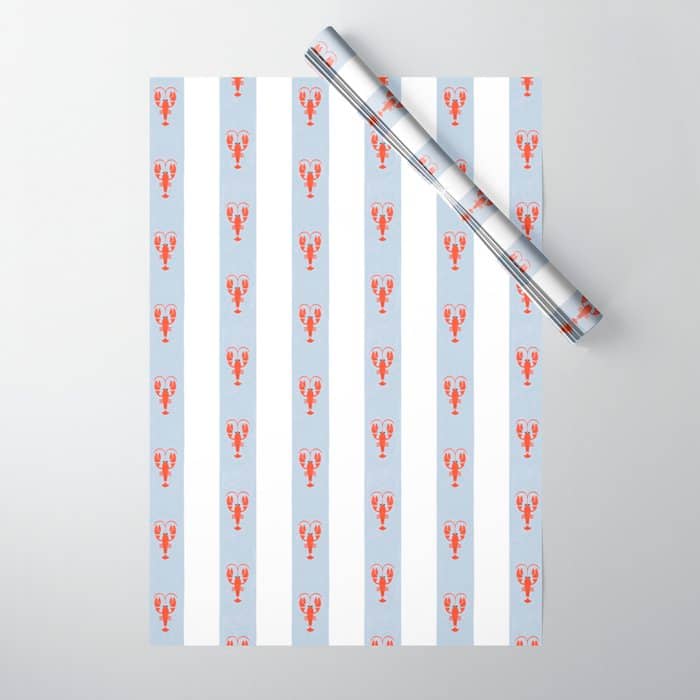 Red Lobsters On Hand-Painted Blue Stripes Wrapping Paper