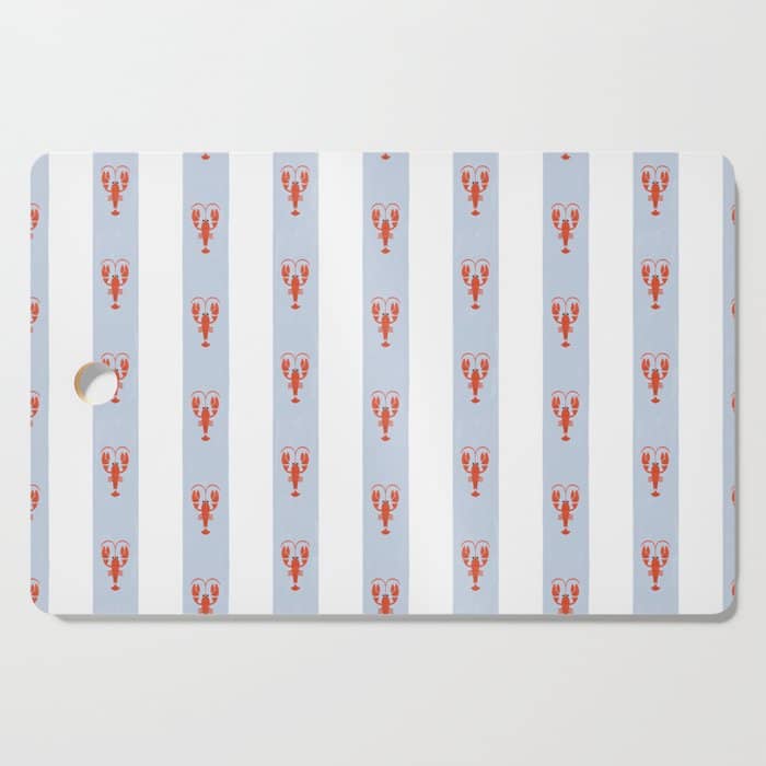 Red Lobsters On Hand-Painted Blue Stripes Cutting Board