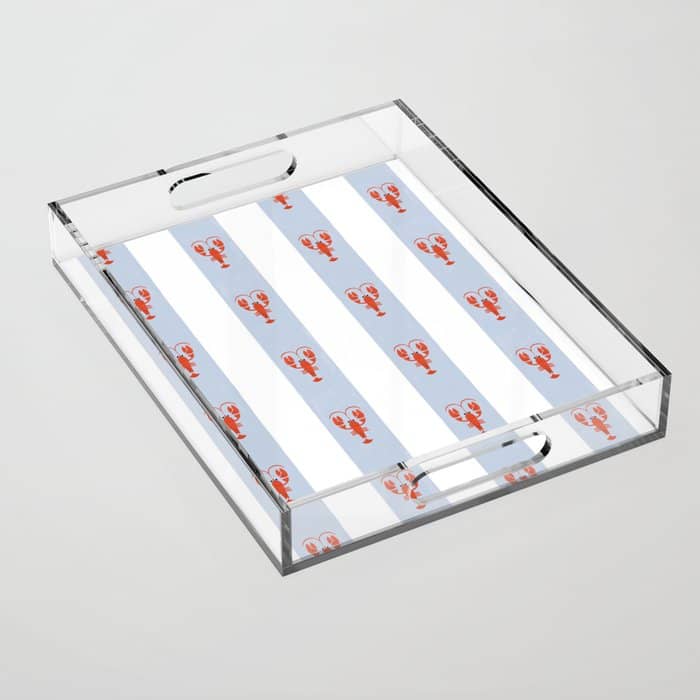 Red Lobsters On Hand-Painted Blue Stripes Acrylic Tray