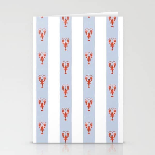 Red Lobsters On Hand-Painted Blue Stripes Stationery Card