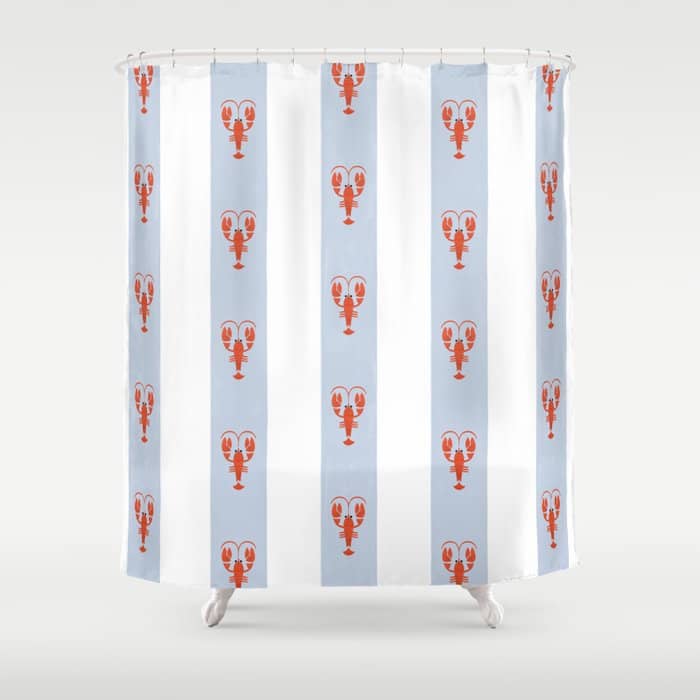 Red Lobsters On Hand-Painted Blue Stripes Shower Curtain