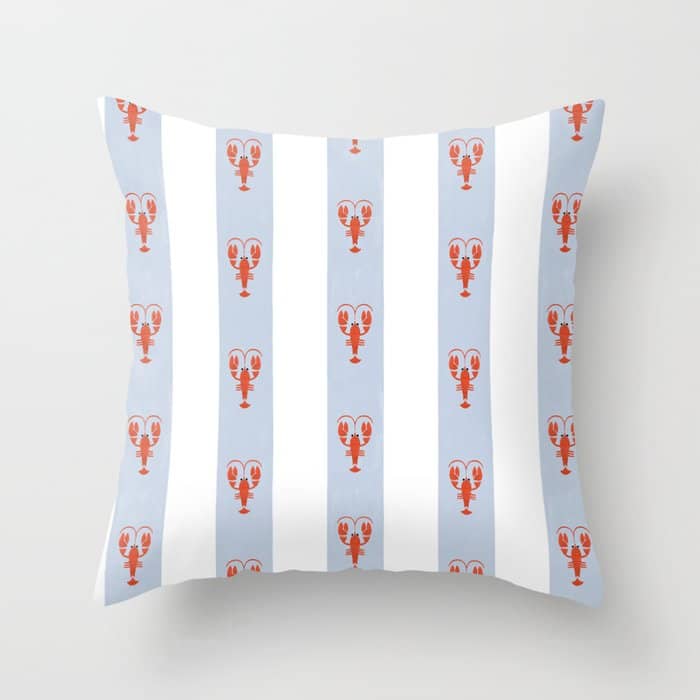 Red Lobsters On Hand-Painted Blue Stripes Throw Pillow