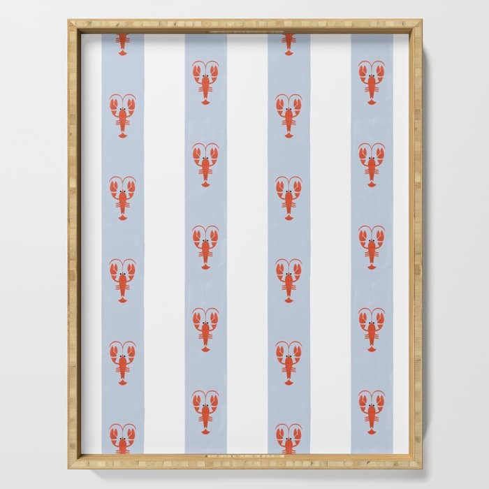 Red Lobsters On Hand-Painted Blue Stripes Serving Tray