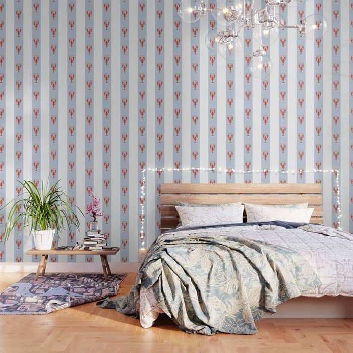 Red Lobsters On Hand-Painted Blue Stripes Wallpaper