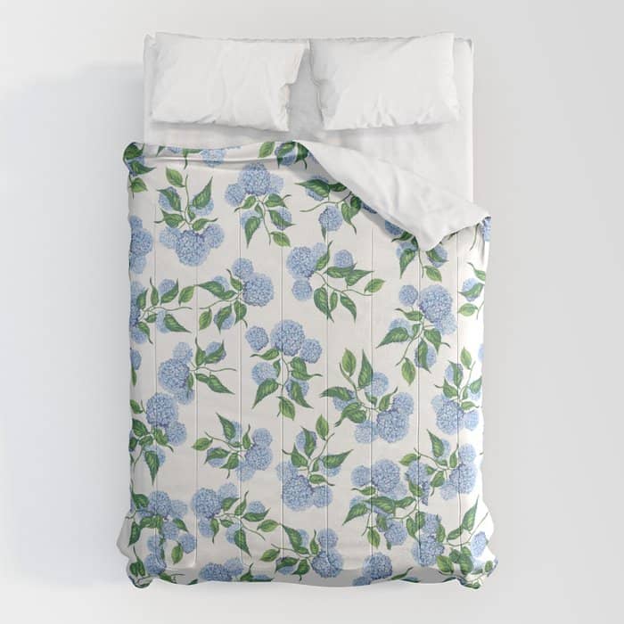 Hydrangea Blue Flowers, Botanicals, Blue And White Floral Comforter