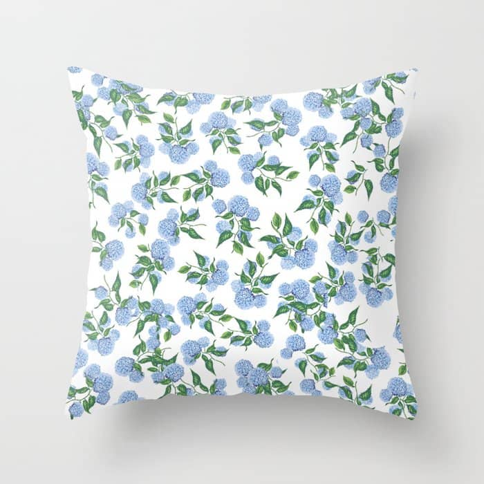 Hydrangea Blue Flowers, Botanicals, Blue And White Floral Throw Pillow