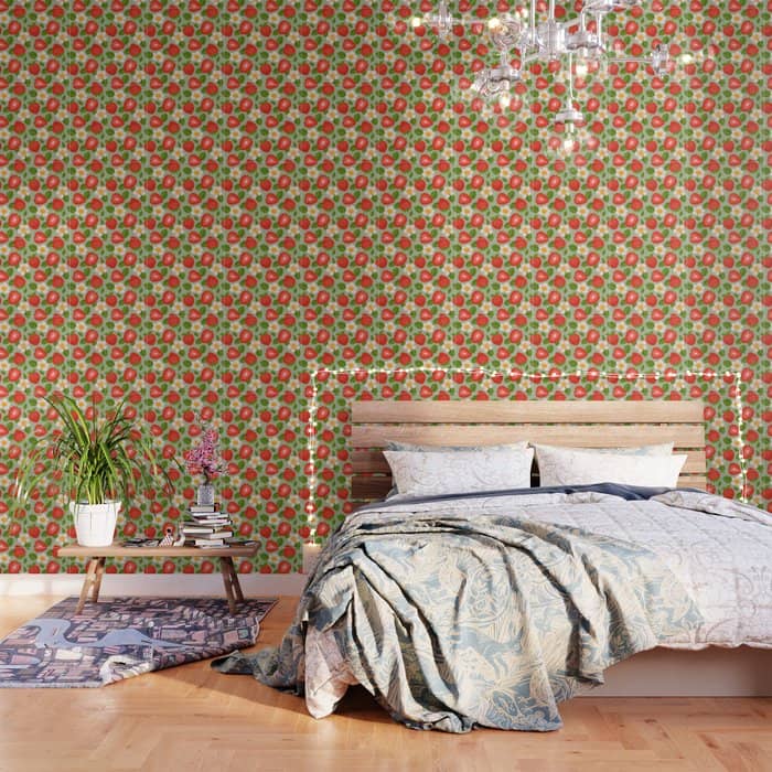 Strawberry Pattern On Mint Green Wallpaper
