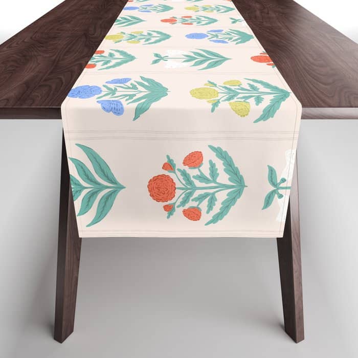 Block Print Flowers In Primary Table Runner