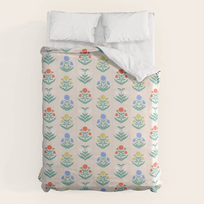Block Print Flowers In Primary Duvet Cover