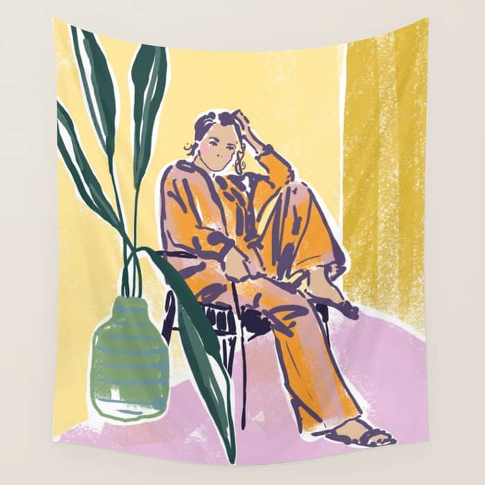 Woman Wearing Yellow Pajamas Wall Tapestry