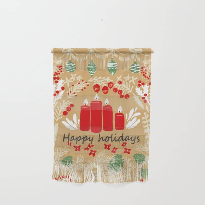 Happy Holidays Christmas Greetings - Folk Art Illustration Wall Hanging