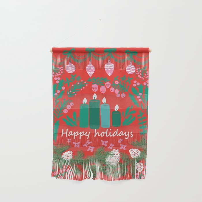 Happy Holidays Greetings - Folk Art Illustration Wall Hanging
