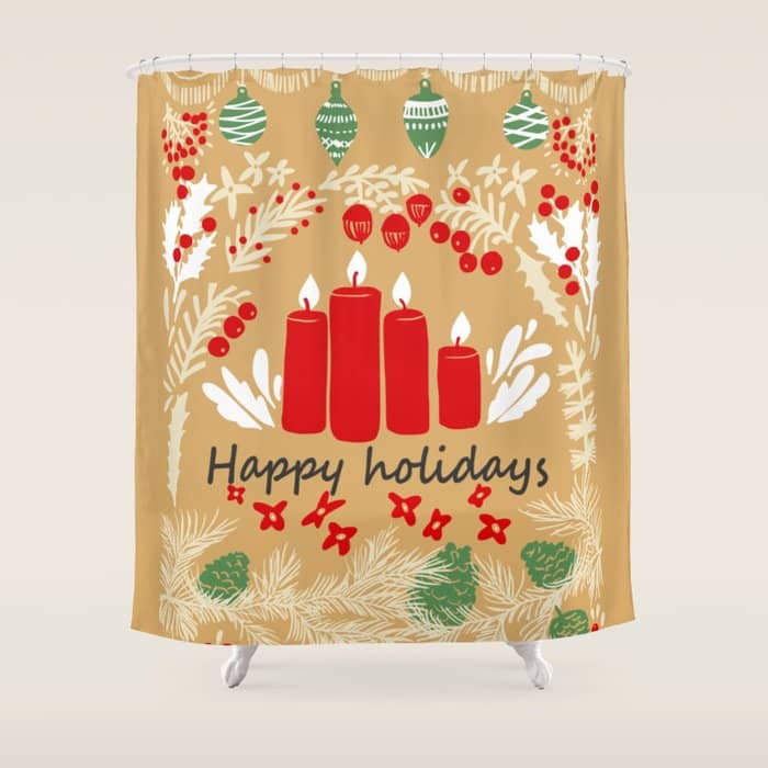 Happy Holidays Christmas Greetings - Folk Art Illustration Shower Curtain