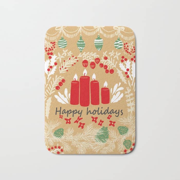 Happy Holidays Christmas Greetings - Folk Art Illustration Bath Mat