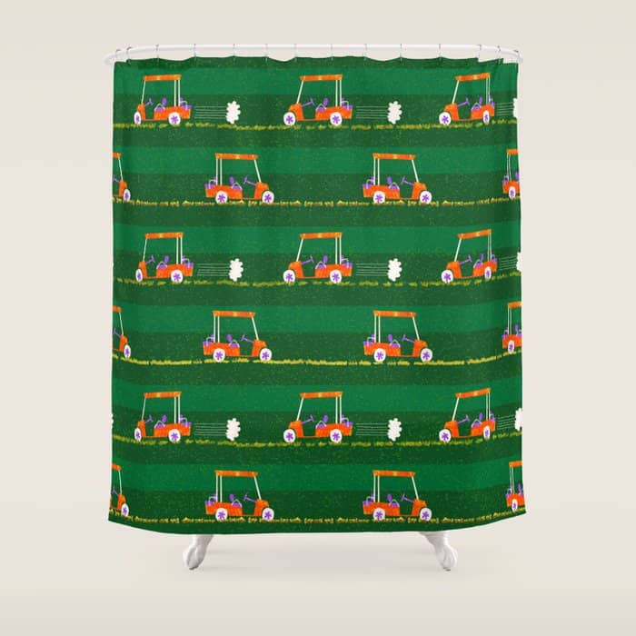 Retro Golf Cart Rides In Emerald Green & Orange Shower Curtain