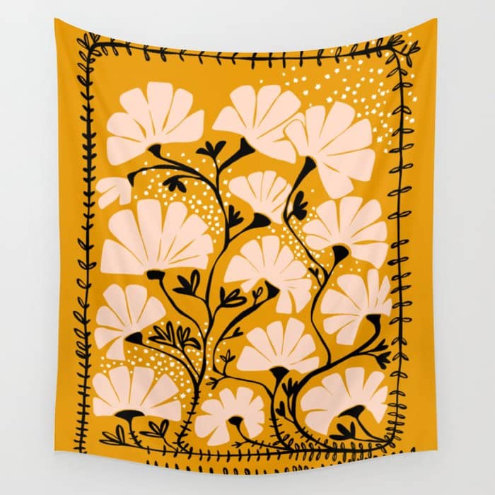 Ever Blooming Good Vibes Mustard Yellow Wall Tapestry
