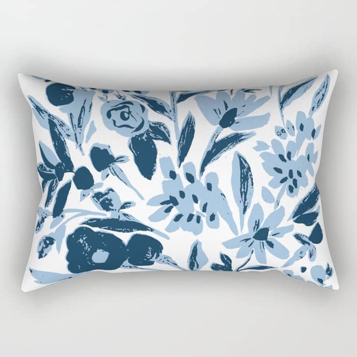 Blue Monochrome Artsy Wildflowers Rectangular Pillow