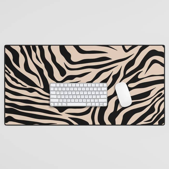 Zebra Print Zebra Stripes Wild Animal Print Zebra Pattern Modern Black And Beige Tan Light Brown Desk Mat