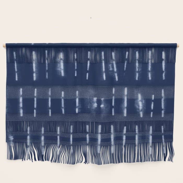 White Stripes Over Blue Shibori Tie Dye Pattern Wall Hanging