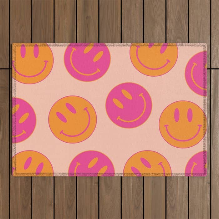 Retro Groovy Smiley Face Poster - Pink And Orange 90s Vibes Outdoor Rug