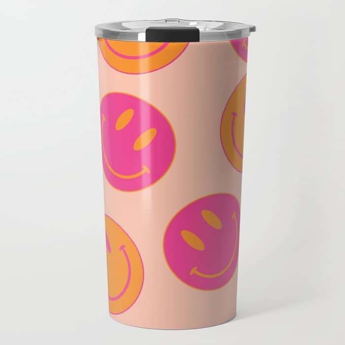 Retro Groovy Smiley Face Poster - Pink And Orange 90s Vibes Travel Mug
