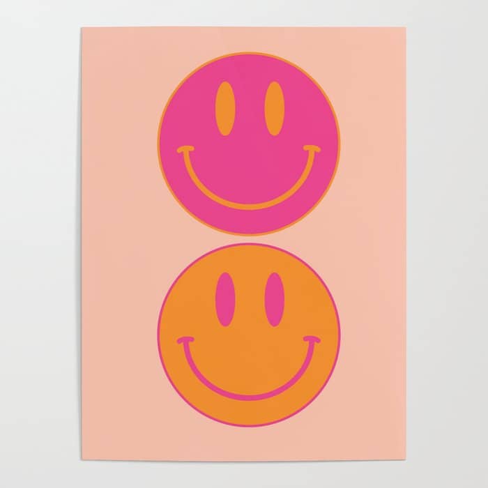 Retro Groovy Smiley Face Poster - Pink And Orange 90s Vibes Poster