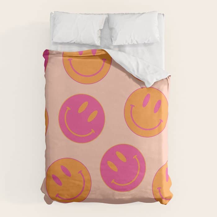 Retro Groovy Smiley Face Poster - Pink And Orange 90s Vibes Duvet Cover