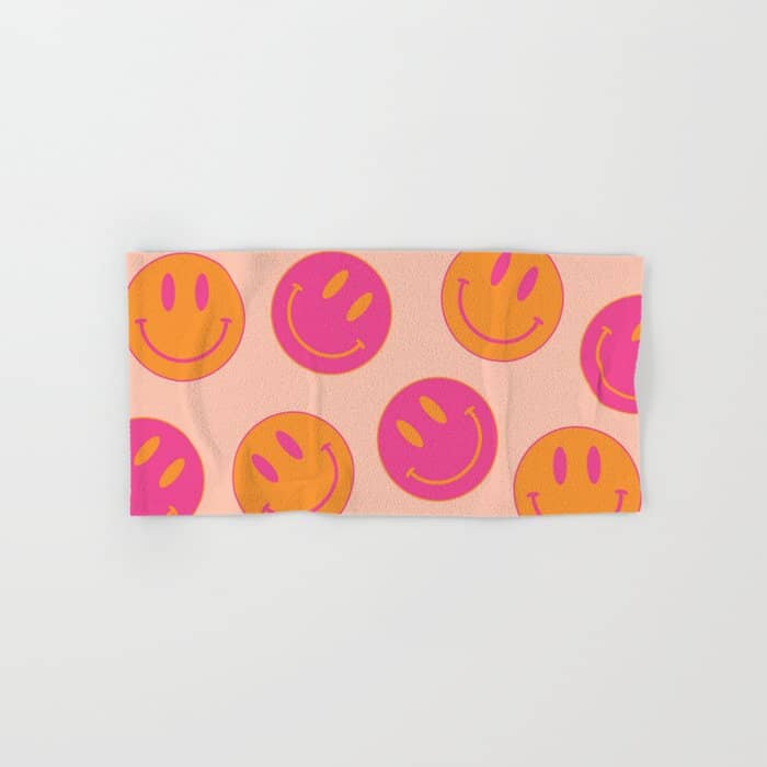 Retro Groovy Smiley Face Poster - Pink And Orange 90s Vibes Bath Towel