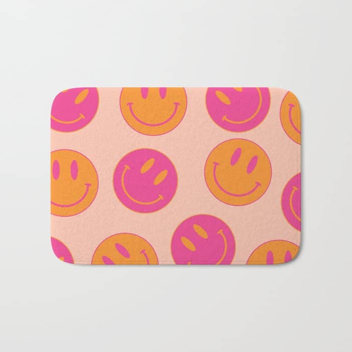 Retro Groovy Smiley Face Poster - Pink And Orange 90s Vibes Bath Mat