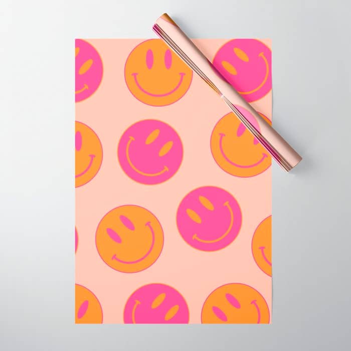 Retro Groovy Smiley Face Poster - Pink And Orange 90s Vibes Wrapping Paper