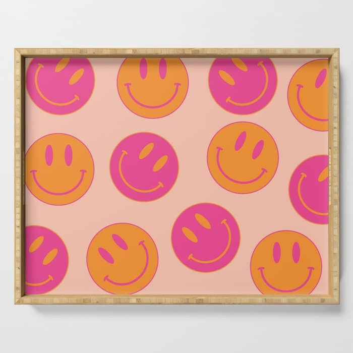 Retro Groovy Smiley Face Poster - Pink And Orange 90s Vibes Serving Tray