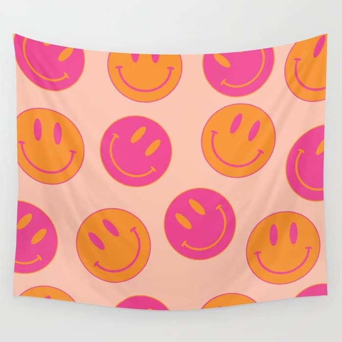 Retro Groovy Smiley Face Poster - Pink And Orange 90s Vibes Wall Tapestry