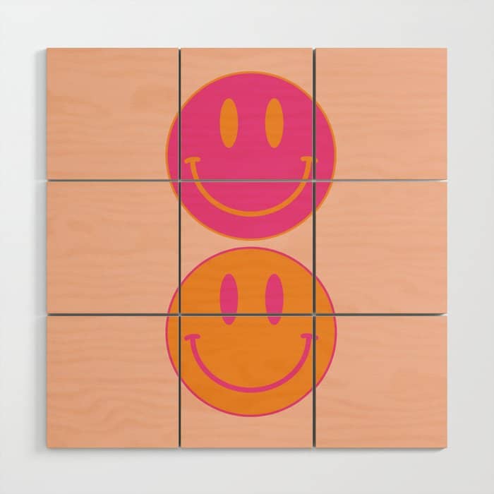Retro Groovy Smiley Face Poster - Pink And Orange 90s Vibes Wood Wall Art